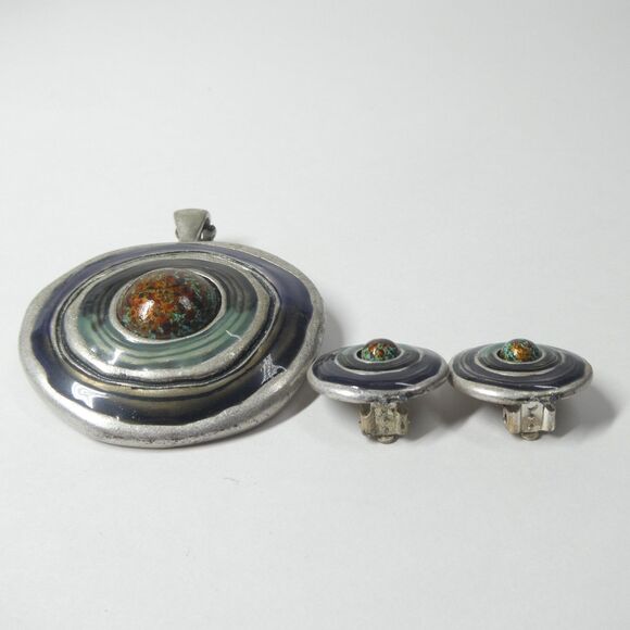 Enamel Jewelry Set Silvertone Pendant & Earrings Vintage Artisan Swirl - Picture 4 of 7